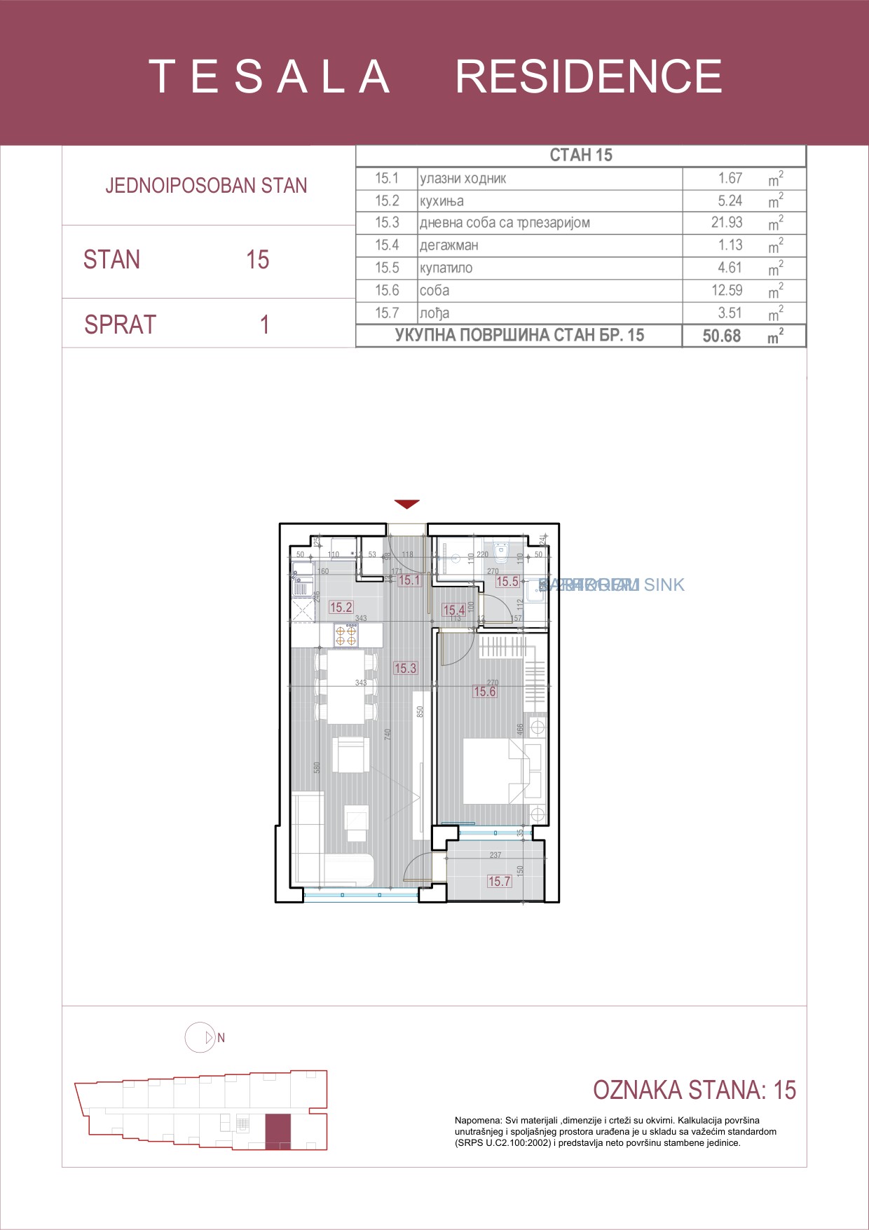 Skica jednoiposobnog stana 15