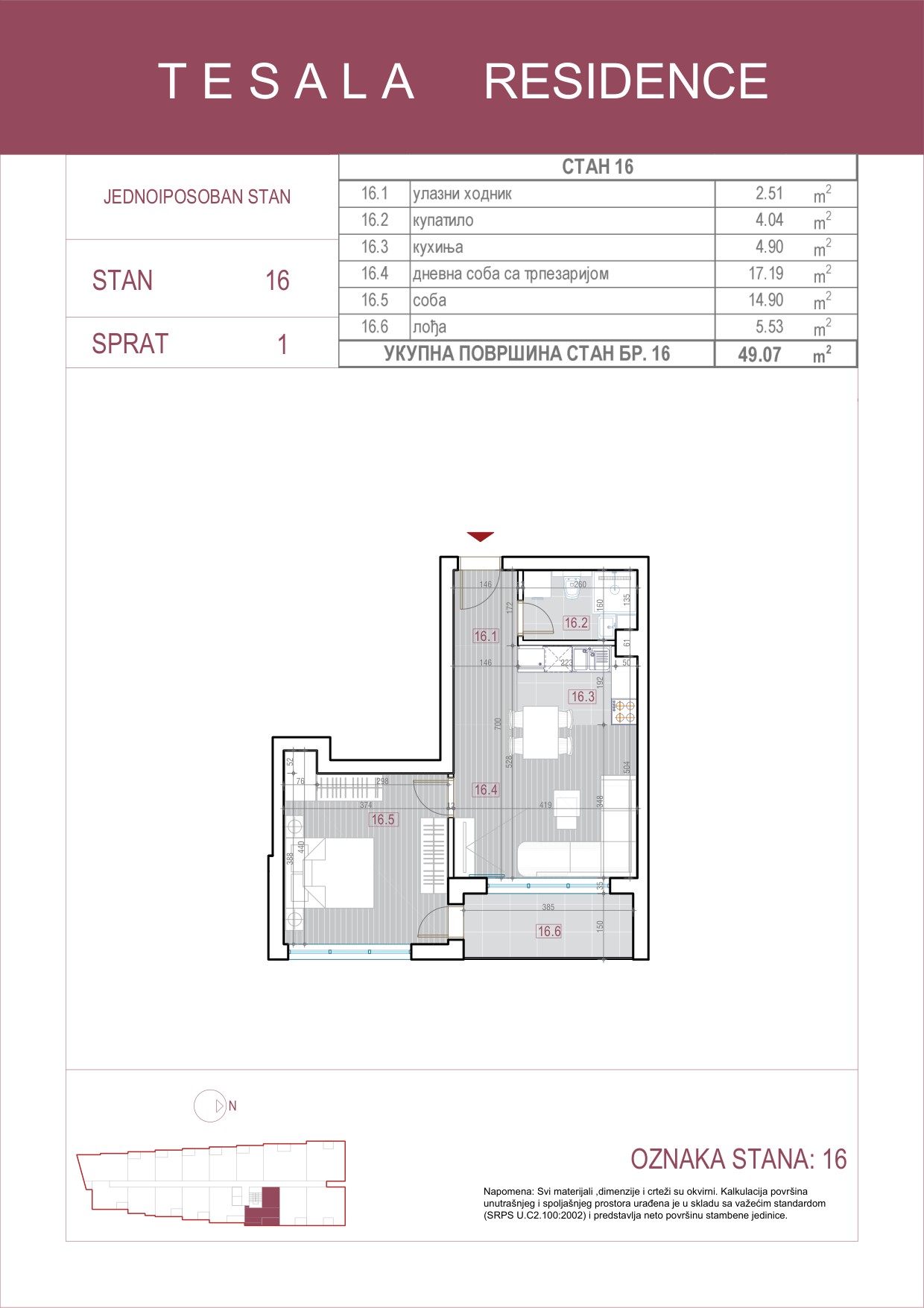 Skica jednoiposobnog stana 16