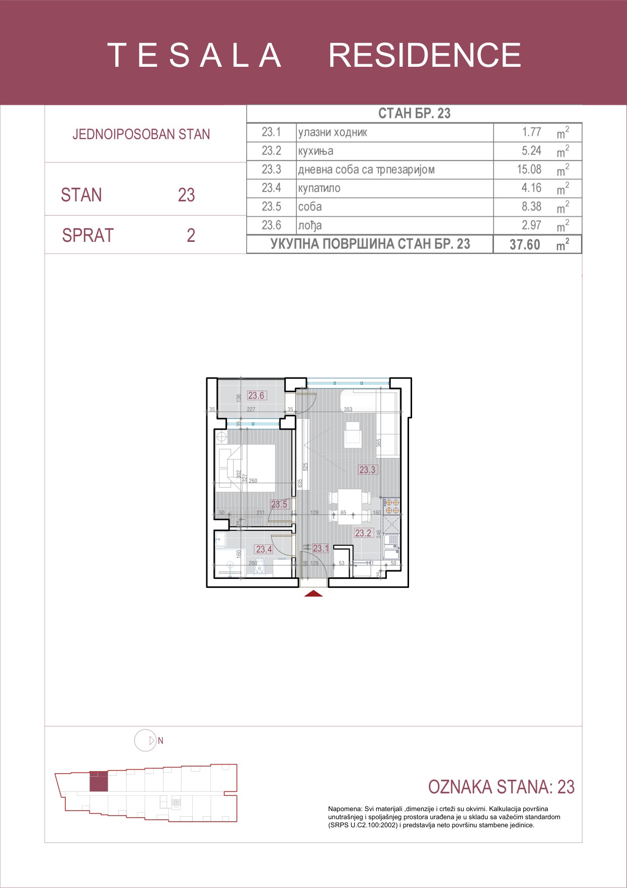 Skica jednoiposobnog stana 23