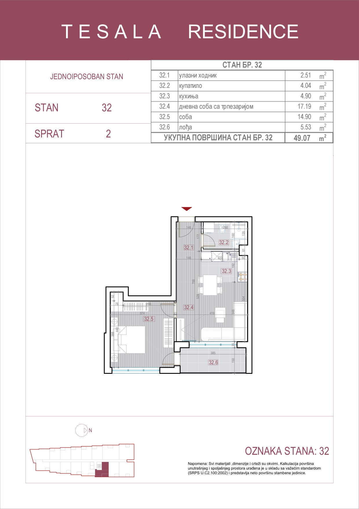 Skica jednoiposobnog stana 32