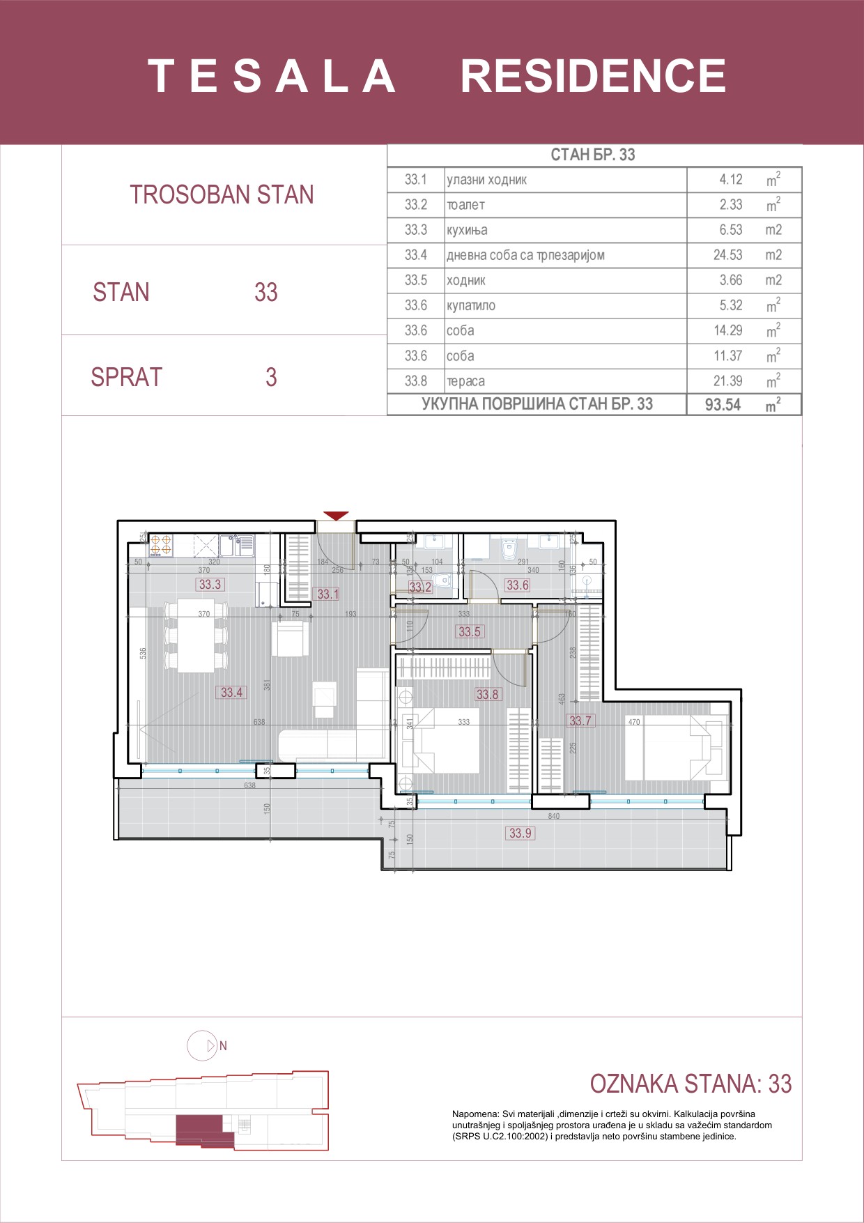 Skica trosobnog stana 33