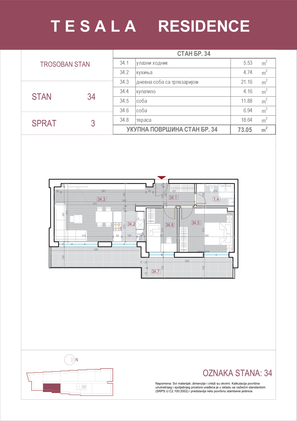 Skica trosobnog stana 34