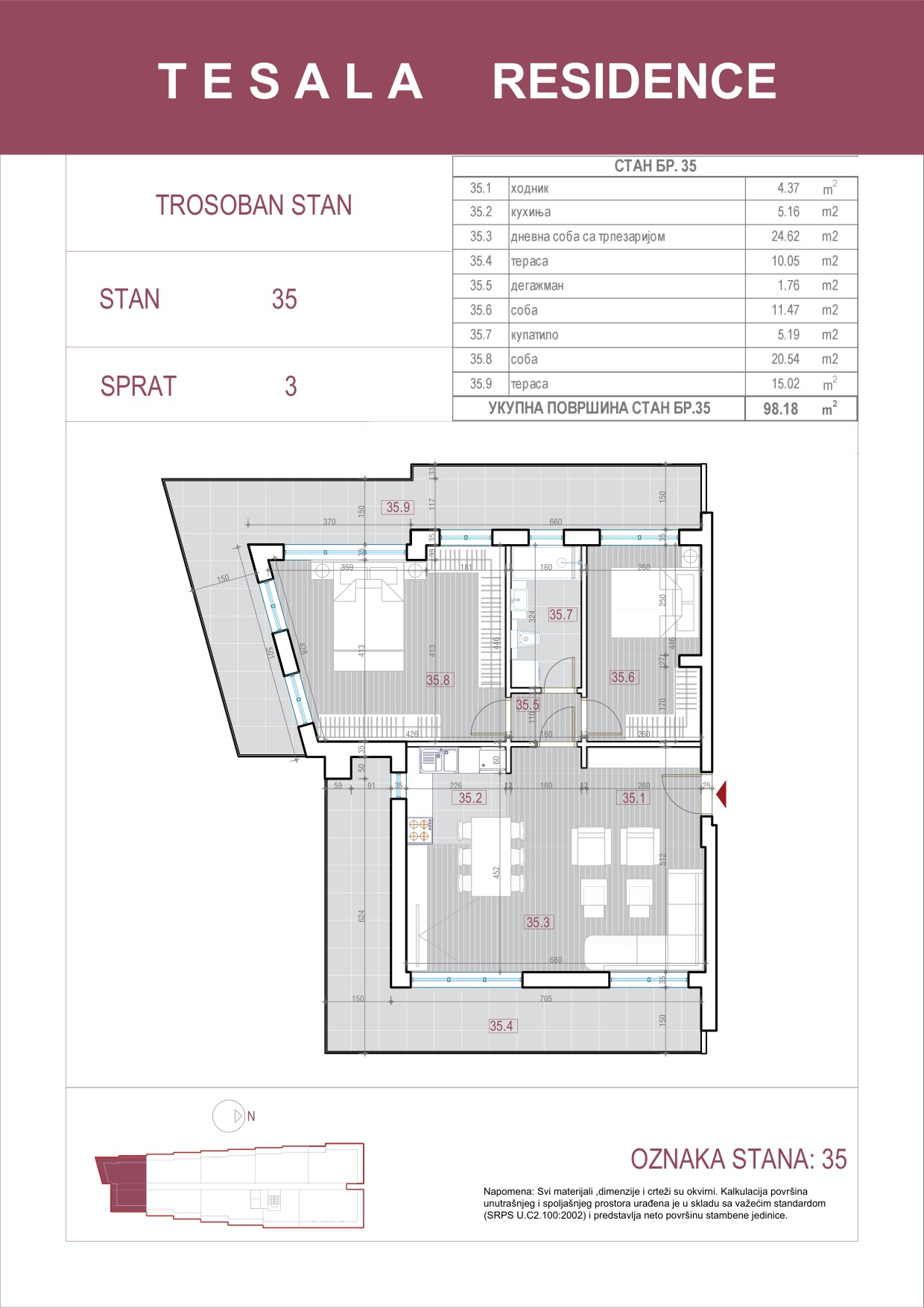 Skica trosobnog stana 35