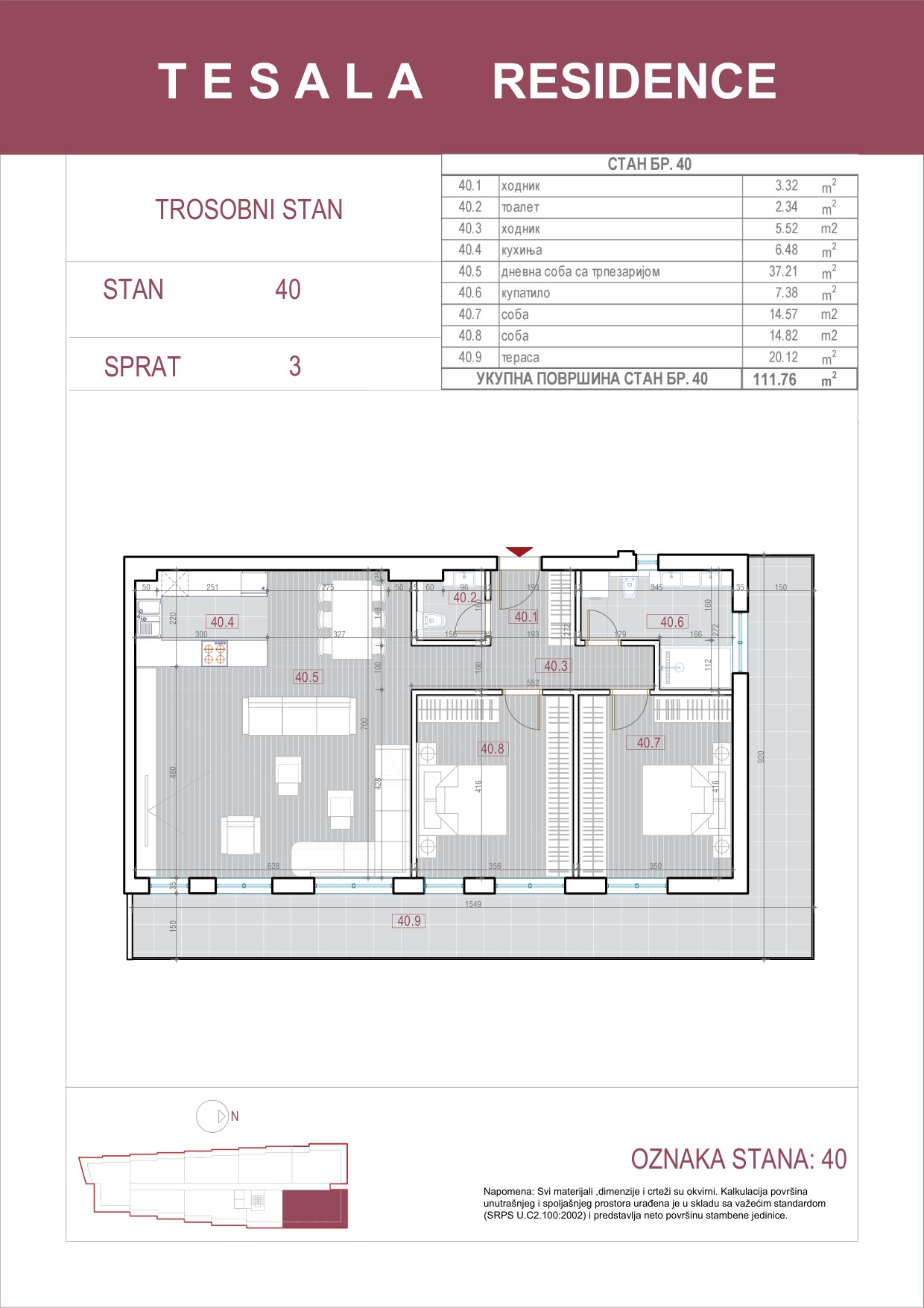 Skica trosobnog stana 40
